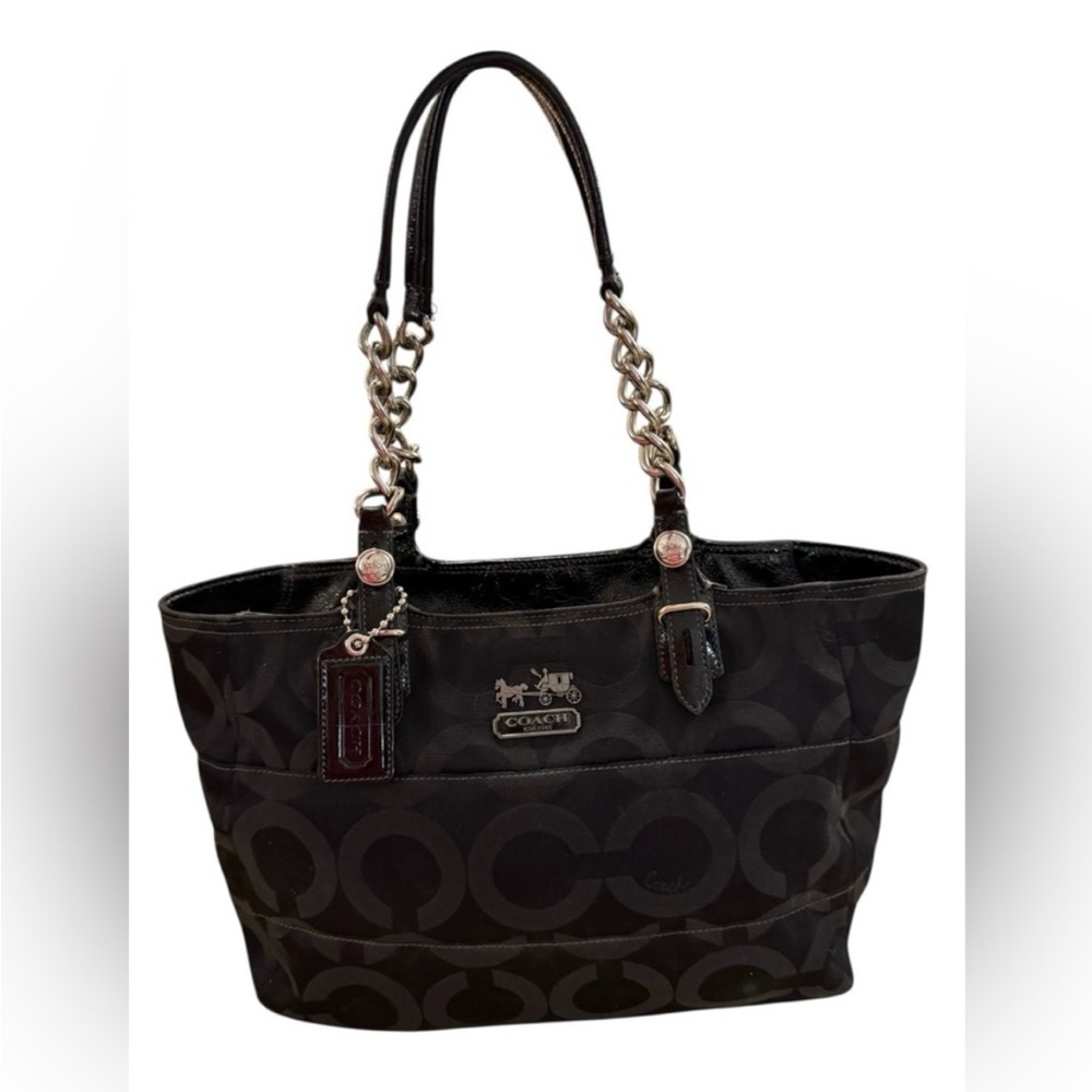 Coach Black Signature Madison Zip Tote Bag Silver Hardware
